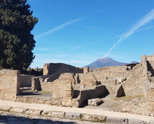 Great view of Pompeii ruins with Mt Vesuvius in the distance