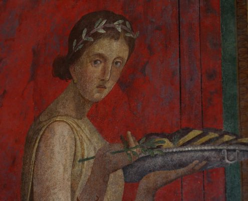 visitare pompei : Dettaglio di uno degli affreschi della Villa dei Misteri a Pompei