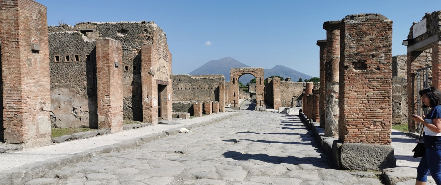 Pompeii with the arch of Caligula and Mt Vesuvius